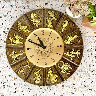 Zodiac Wall Clock, California Pottery, 1969 Mid Century Wall Decor, Westclox, Sun, Sculptural Vintage, WORKS 