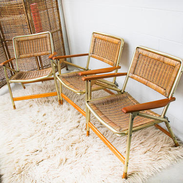 Vintage Telescope Folding Gold and Wicker with Wood Armrests Camp / Patio Folding Chairs (Sold Separately) 