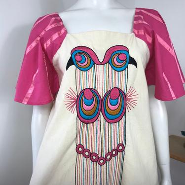 Vtg 70s cotton mexican papaya bird embroidered ethnic dress small 
