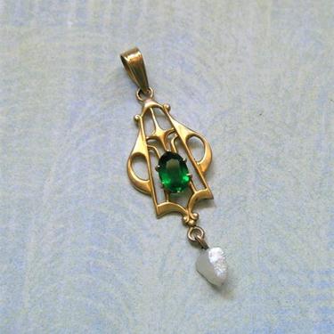 Antique 10K Gold Lavaliere Pendant With Pearl and Green Stone, Antique Edwardian Gold Lavaliere Pendant, 10K Gold and Pearl Pendant (#3872) 