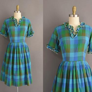 vintage 1950s dress | Colorful Plaid Print Short Sleeve Cotton Summer Shirt Dress | Large | 50s vintage dress 