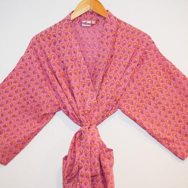 Hand Block Printed Kimono Robe, Cotton Kimono, India Wood Block Print, Lightweight Cotton Robe, Coverup, Pink Bathrobe, Cotton Dressing Gown 
