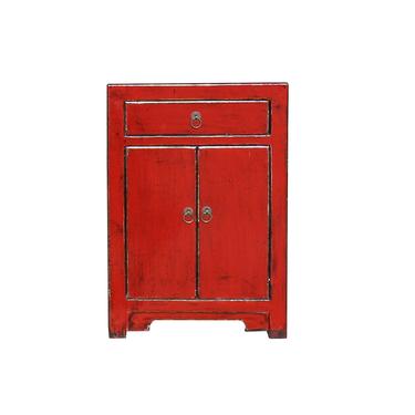 Distressed Oriental Red Lacquer Drawer End Table Nightstand cs5436S