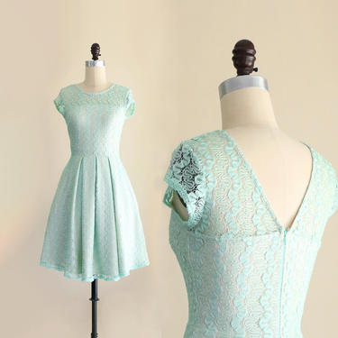 GOSSAMER | light green lace bridesmaid dress. vintage style mint green dress with pockets. modest lace cocktail party dress with sleeves 