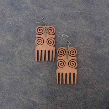 Afro comb earrings, adinkra earrings, wooden earrings, Afrocentric African earrings, bold statement earrings, tribal wood earrings, brown 