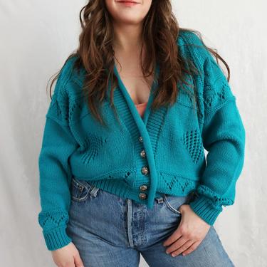 Vintage 1990's Turquoise Blue Knit Cropped Cardigan Maggie Lawrence Sport Collection 