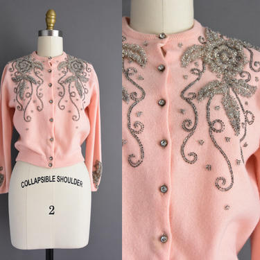 50s dress - Beautiful pink cashmere silver beaded rose fall winter cocktail party sweater - Size Small - 1950s vintage dress 
