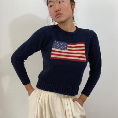 80s Ralph Lauren flag sweater / vintage navy blue cotton American flag Ralph Lauren Polo crewneck cropped snug sweater | XS S 