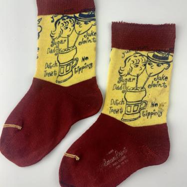 1950'S Novelity Socks with Screen Printed 50'S Images and Corny Slogans - Super Small Size - As Is 