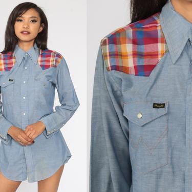 Chambray Western Shirt Wrangler PLAID Western Shirt 70s Blue Denim Yoke Long Sleeve Vintage Cotton Button Up 1970s Blue Medium 