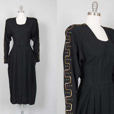 Vintage 1940s Dress | 40s Studded Sequin Black Rayon Crepe Metallic Long Sleeve Cocktail Formal Evening Party Gown (medium/large) 
