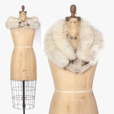 Vintage 50s FOX STOLE / 1950s Arctic White Genuine Real Fox Plush Bridal WRAP Shawl Collar osfm 