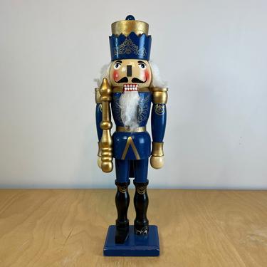 Large 20&quot; King Nutcracker, Vintage Blue and Gold Hand Painted Wood Figurine, Traditional Holiday Christmas Decor 