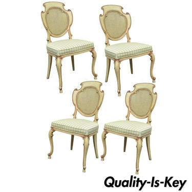 Four Scroll Carved Italian Hollywood Regency Cream Pink Cane Back Dining Chairs
