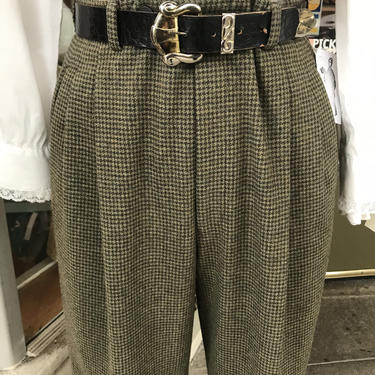 90’s high waisted Wool Olive green houndstooth tweedy plaid slacks hipster trend ~ 1990’s mom pants~ 28” waist 
