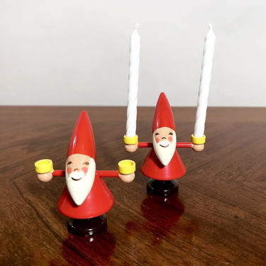 2 Vintage Miniature Wood Erzgebirge Seiffen Kerzen Klaus, Santa Claus Candle Holders - German Christmas Decor Decorations, Hand Painted 