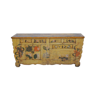 Chinese Distressed Yellow Oriental Flower Graphic TV Console Cabinet cs4539E 