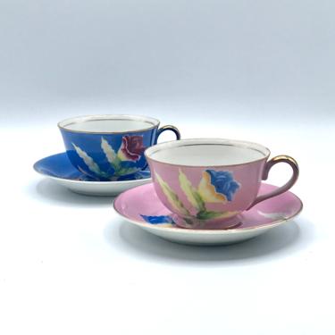 TWO Vintage Chugai China Tea Cups and Saucer Sets, Hand-Painted Pair Pink and Blue Floral, Made in Occupied Japan 