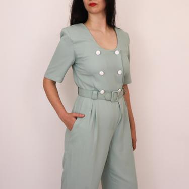 Mint Green Vintage Jumpsuit/ 1980s Jumpsuit with Pockets/ Summery Jumpsuit/ Made In The USA/ Minimalist Jumpsuit with Belt/ Size Medium 