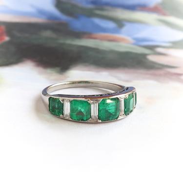 Art Deco 1.79ct.tw. Five Stone Emerald And Baguette Diamond Band Platinum 