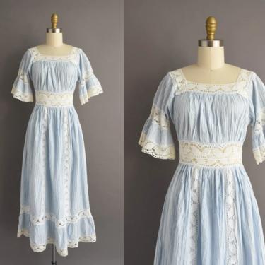 1960s vintage dress | Gorgeous Baby Blue Cotton White Crochet Cotton Bridesmaid Wedding Dress | Small | 60s dress 