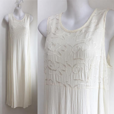 Vintage 80's 90's Ivory GAUZE BOHO Market Dress / Embroidered Chest + Tie Back / Minimalist / S 