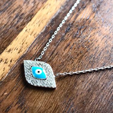 Sterling Evil Eye Pendant Necklace 925 Silver Rhinestone Protection Jewelry Good Luck Charm Vintage 