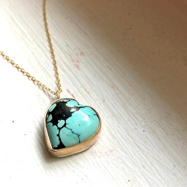 Two Toned Turquoise Heart Pendant on 18&quot; 14 gold-filled chain 