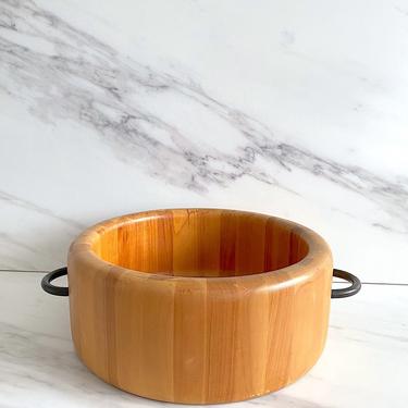 Vintage Mid Century Danish Modern DIGSMED 12&amp;quot; Round Wood Serving Bowl w/ Wrought Iron Handles 20th Century Modernist Denmark Design 
