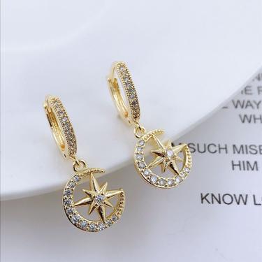 E078 gold star moon hoop earring, starburst hoop earring, moon star dangle hoop earring, moon earring, celestial earring, gift for her 