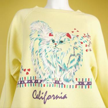 Vintage 70s/80s kitty sweatshirt. Puffy paint. California. Cat collectibles. Cat aesthetic. Yellow. Valentine's Day. Size S/M/L 