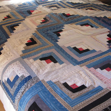 Log Cabin Quilt Top Patchwork Unfinished Boho Cotton Coverlet  Primitive Bed Cover Indigo French Blue White Geometric Textile Fabric Piece 
