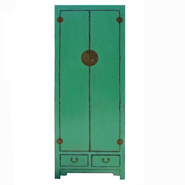 Chinese Oriental Distressed Aqua Green Moonface Tall Storage Cabinet cs5150S