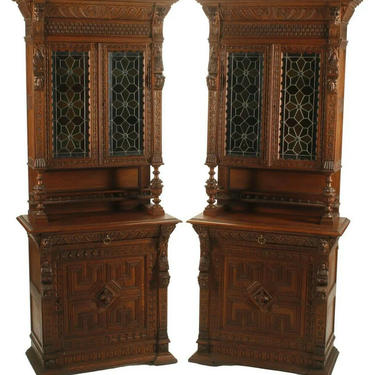 Wedding Cabinets, antique pair, FRENCH CARVED CABINETS STAINED GLASS DOORS