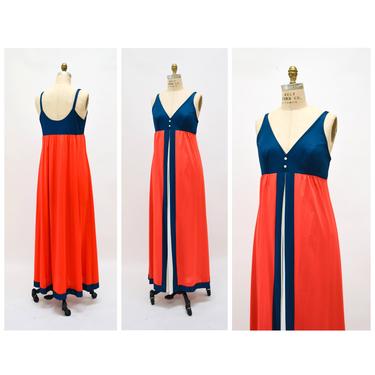 70s Vintage Nightgown Long Maxi Dress By Vanity Fair Sleep Dress Camisole Dress Medium Large Red white and blue Long Nightgown 70s Vintage 