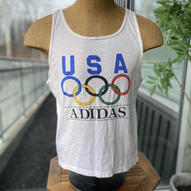ADIDAS Vintage 1980s USA 1988 Olympics Muscle Tank Sports Team Memorabilia 80s Athletic Men's Large Sleeveless Workout Shirt Olympic Rings 