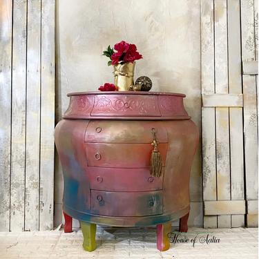 Chest of Drawers - Bombe Chest | Hand Painted Chest | Metallic Multicolor  | Boho Furniture | Vintage Dresser 