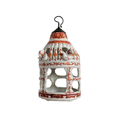 Hand Painted Chinese Porcelain Bird Cage in Crackle Orange &amp; White Arabesque Glaze With Doves 