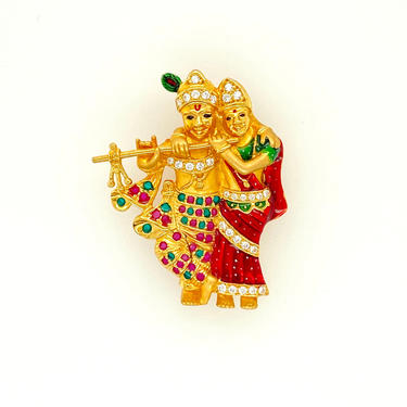 Vintage 22kt Gold Sri Radha Krishna Enamel & CZ Pendant Necklace Hallmarked 