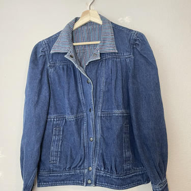 Vintage denim jacket 80s 90s unbranded puffed sleeve secret pocket striped lining 