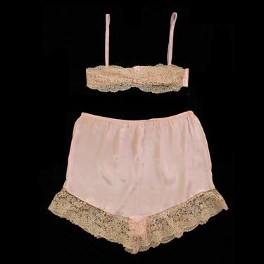 1930s Lingerie Set / 20s 30s Silk Satin and Lace Bra and Tap Pants 