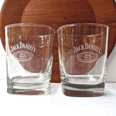 Set of 2 Jack Daniels Whiskey Glasses, Vintage Square Glass Old No. 7 Glasses, Whiskey Rocks Barware, Gentleman Jack 