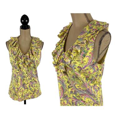 Yellow Floral Blouse, Ruffle V Neck Sleeveless Cotton, Paisley Shirt Casual Top, Summer Clothes Women Medium, Vintage 90s Y2K Ralph Lauren 