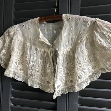 Embroidery Lace Collar Shawl Wrap, Early, Cotton Batiste, Floral, Tea Stained, Period Clothing 