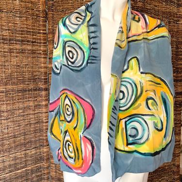 Artistic Signed Silk Scarf, Large Foulard, Painted Faces, Artsy Abstract, Vintage Accessory 