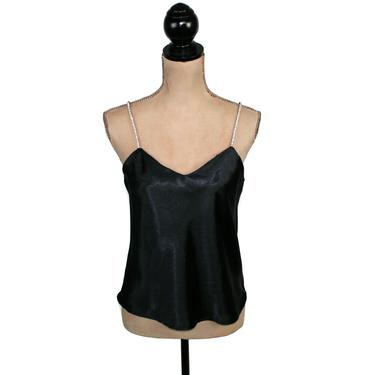 Rhinestone Spaghetti Strap Black Satin Camisole, Dressy Top Medium, Low Cut Tank Blouse, Vintage Clothing Women Clothes 