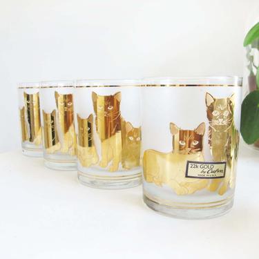 Vintage Culver 22 Karat Gold Cat Glass Tumblers - 70s Glass Cocktail Glasses - Vintage Barware - Cat Kitten Novelty Glasses - Housewarming 