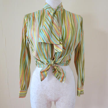 Vintage 1970's blouse | tie neck blouse | striped blouse | striped shirt | vintage blouse | womens blouse | pastel blouse | work shirt 