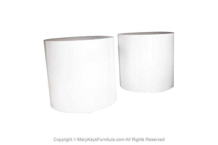 Post Modern Pair White Laminate Cylindrical Pedestal Side Tables 