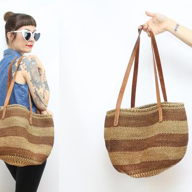 Vintage 90's Brown Striped Leather Strap Sisal Market Bag / 1990's Sisal Tote Bag / Market Purse / Women's Accessories by Ru